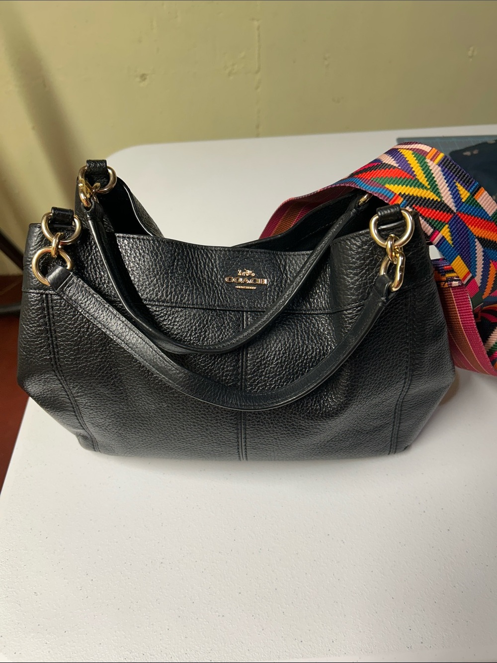 Coach Black Pebbled Leather Shoulder Bag with Colorful Strap